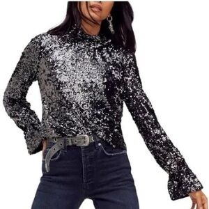Free People Moonstruck Silver Sequin Long Sleeve Blouse